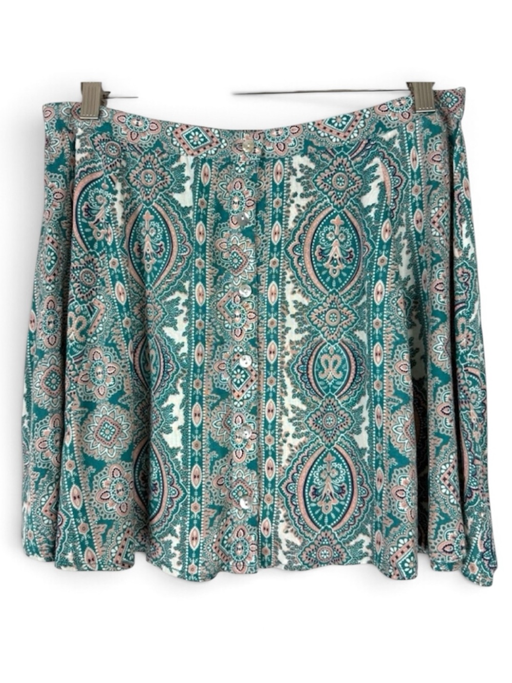 NWT Style House Teal Paisley Button Front Mini Skirt Size Large